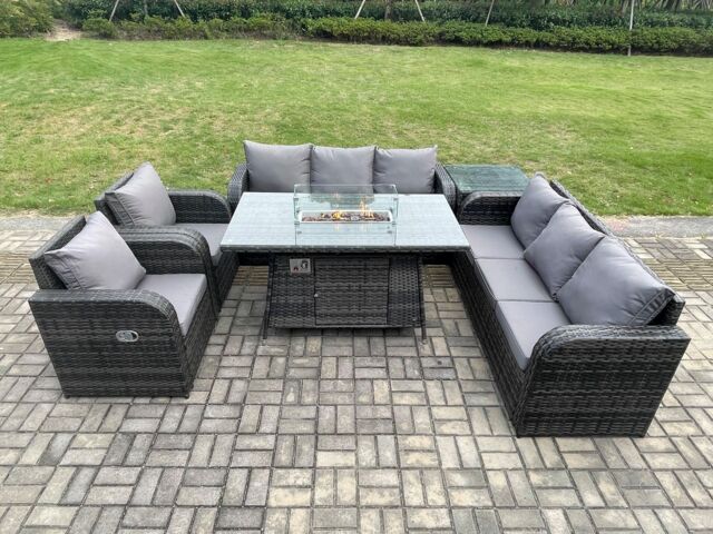Fimous Rattan Garden Furniture Set with Fire Pit Table, Chair & Side Table 8 Seater Outdoor Patio Lounge Sofa Set Dark Grey Mixed - image 1