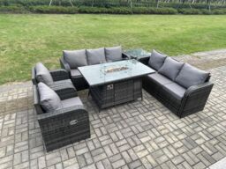 Fimous Rattan Garden Furniture Set with Fire Pit Table, Chair & Side Table 8 Seater Outdoor Patio Lounge Sofa Set Dark Grey Mixed - thumbnail 3