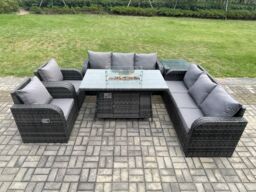 Fimous Rattan Garden Furniture Set with Fire Pit Table, Chair & Side Table 8 Seater Outdoor Patio Lounge Sofa Set Dark Grey Mixed - thumbnail 1