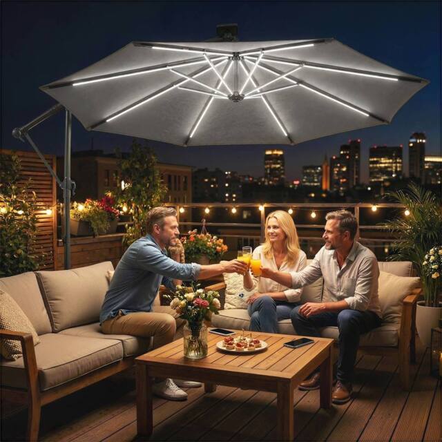 OUTSUNNY 3 m Garden Cantilever Parasol with Solar Light, Rotation, Grey - Size: 3m x 3m - image 1
