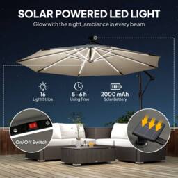 OUTSUNNY 3 m Garden Cantilever Parasol with Solar Light, Rotation, Grey - Size: 3m x 3m - thumbnail 4
