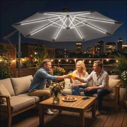 OUTSUNNY 3 m Garden Cantilever Parasol with Solar Light, Rotation, Grey - Size: 3m x 3m - thumbnail 1