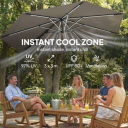 OUTSUNNY 3 m Garden Cantilever Parasol with Solar Light, Rotation, Grey - Size: 3m x 3m - thumbnail 5
