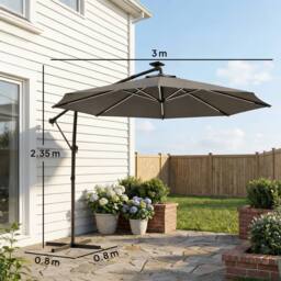 OUTSUNNY 3 m Garden Cantilever Parasol with Solar Light, Rotation, Grey - Size: 3m x 3m - thumbnail 3