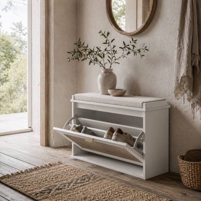 Wyld Haus Kekami White Boho Shoe Bench Cushioned Seat & Rattan Flip Drawer - image 1