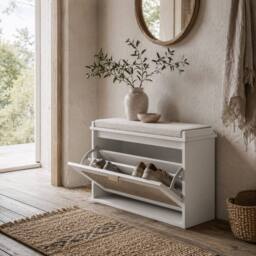 Wyld Haus Kekami White Boho Shoe Bench Cushioned Seat & Rattan Flip Drawer - thumbnail 1