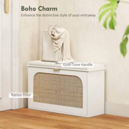 Wyld Haus Kekami White Boho Shoe Bench Cushioned Seat & Rattan Flip Drawer - thumbnail 4