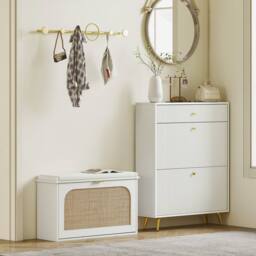 Wyld Haus Kekami White Boho Shoe Bench Cushioned Seat & Rattan Flip Drawer - thumbnail 8