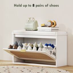 Wyld Haus Kekami White Boho Shoe Bench Cushioned Seat & Rattan Flip Drawer - thumbnail 6