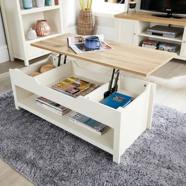 Home Source Coffee Table Lift Up Oak Top Home Reception Storage Shelf Avon in Off-White - image 1