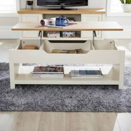 Home Source Coffee Table Lift Up Oak Top Home Reception Storage Shelf Avon in Off-White - thumbnail 3