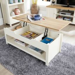 Home Source Coffee Table Lift Up Oak Top Home Reception Storage Shelf Avon in Off-White - thumbnail 1