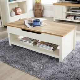 Home Source Coffee Table Lift Up Oak Top Home Reception Storage Shelf Avon in Off-White - thumbnail 2