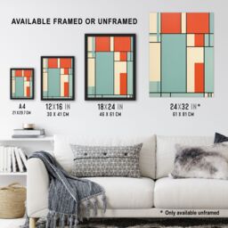 "Artery8 Wall Art Print Piet Mondrian Inspired Teal & Coral Abstract Geometry Artwork Art Framed in Black - Size: W12"" x H16""" - thumbnail 3