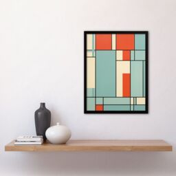 "Artery8 Wall Art Print Piet Mondrian Inspired Teal & Coral Abstract Geometry Artwork Art Framed in Black - Size: W12"" x H16""" - thumbnail 4