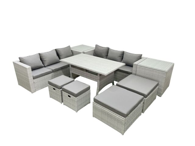Fimous Rattan Garden Furniture Set Outdoor 10 Seater Patio Dining Sets with Glass Top Dining Table 2 Side Tables Light Grey Mixed - image 1
