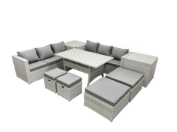 Fimous Rattan Garden Furniture Set Outdoor 10 Seater Patio Dining Sets with Glass Top Dining Table 2 Side Tables Light Grey Mixed - thumbnail 1