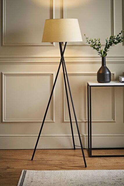 ValueLights Camden Black Metal Tripod Floor Lamp with Beige Tapered Lamp Shade