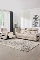 More4Homes Capri Electric Recliner 1+3 Seater Sofa Set w Drinks tray & Charging in Beige - thumbnail 1
