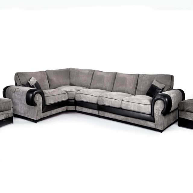 Furnishings For Less UK Large Portland Fabric & Leather Long 5 Seater L Shaped Corner Sofa Roll Arm Fullback Left Hand Facing in Grey - image 1