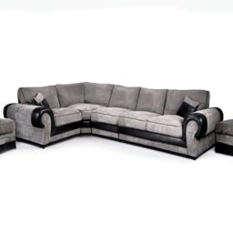 Furnishings For Less UK Large Portland Fabric & Leather Long 5 Seater L Shaped Corner Sofa Roll Arm Fullback Left Hand Facing in Grey