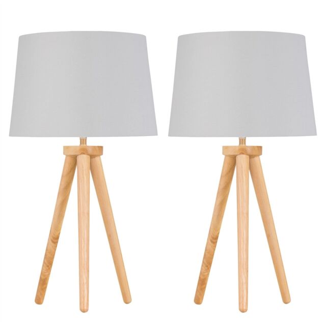 First Choice Lighting Set of 2 Light Oak Table Lamp Bedside Lights with White Silver Shade in Brown - image 1