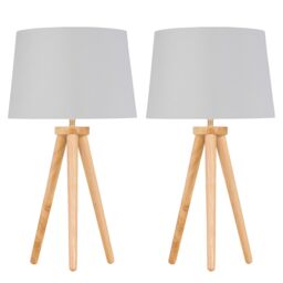 First Choice Lighting Set of 2 Light Oak Table Lamp Bedside Lights with White Silver Shade in Brown