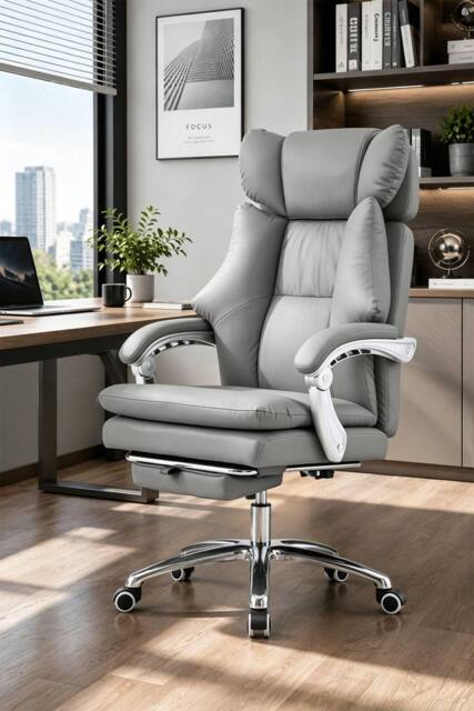 Living and Home Ergonomic Reclining Office Chair with Footrest and Adjustable Headrest in Grey - image 1