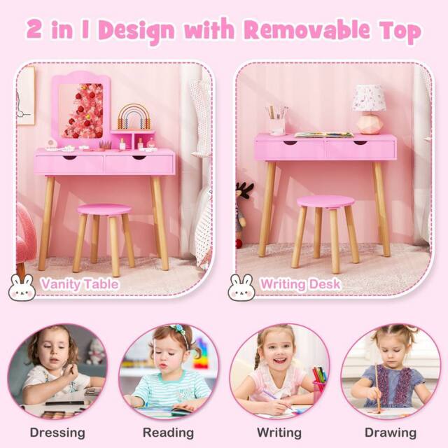 CASART Kids Vanity Table & Stool Set with Square Mirror & Storage Shelf in Pink - image 1