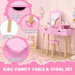 CASART Kids Vanity Table & Stool Set with Square Mirror & Storage Shelf in Pink - thumbnail 8