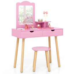 CASART Kids Vanity Table & Stool Set with Square Mirror & Storage Shelf in Pink - thumbnail 4