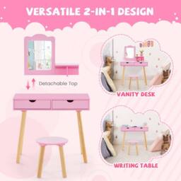 CASART Kids Vanity Table & Stool Set with Square Mirror & Storage Shelf in Pink - thumbnail 6