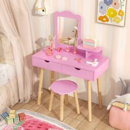 CASART Kids Vanity Table & Stool Set with Square Mirror & Storage Shelf in Pink - thumbnail 2