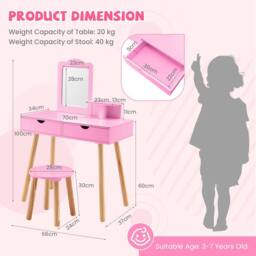 CASART Kids Vanity Table & Stool Set with Square Mirror & Storage Shelf in Pink - thumbnail 5