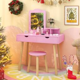 CASART Kids Vanity Table & Stool Set with Square Mirror & Storage Shelf in Pink - thumbnail 3