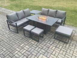 Fimous Aluminium Outdoor Lounge Sofa Garden Furniture Sets Gas Fire Pit Dining Table Set with 3 Footstools Side Table Dark Grey - thumbnail 1