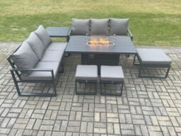 Fimous Aluminium Outdoor Lounge Sofa Garden Furniture Sets Gas Fire Pit Dining Table Set with 3 Footstools Side Table Dark Grey - thumbnail 2