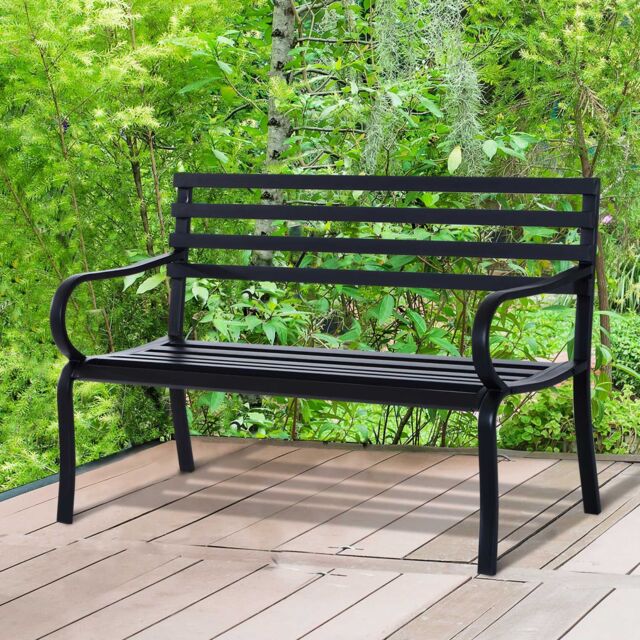 OUTSUNNY 2 Seater Bench Garden Furniture Outdoor Metal Loveseat Patio Chair in Black - image 1