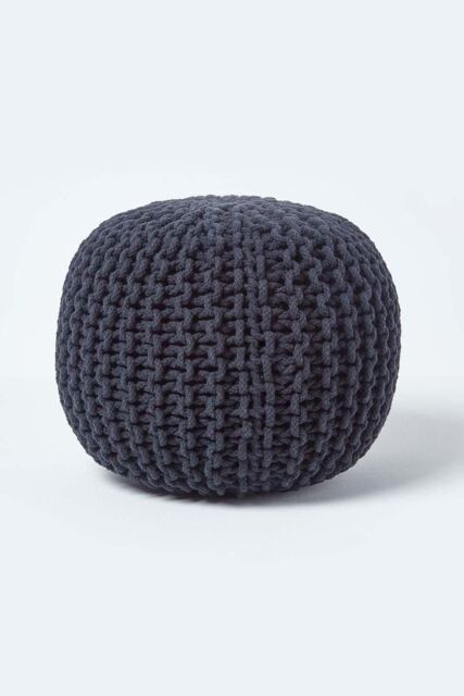 Homescapes Round Cotton Knitted Pouffe Footstool in Black - image 1