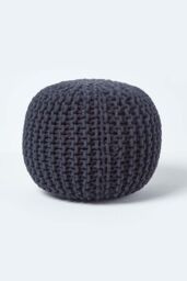 Homescapes Round Cotton Knitted Pouffe Footstool in Black