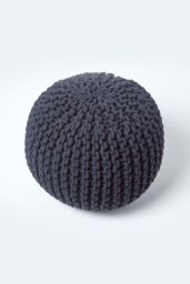 Homescapes Round Cotton Knitted Pouffe Footstool in Black - thumbnail 3