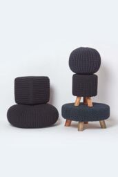Homescapes Round Cotton Knitted Pouffe Footstool in Black - thumbnail 5