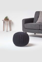 Homescapes Round Cotton Knitted Pouffe Footstool in Black - thumbnail 2