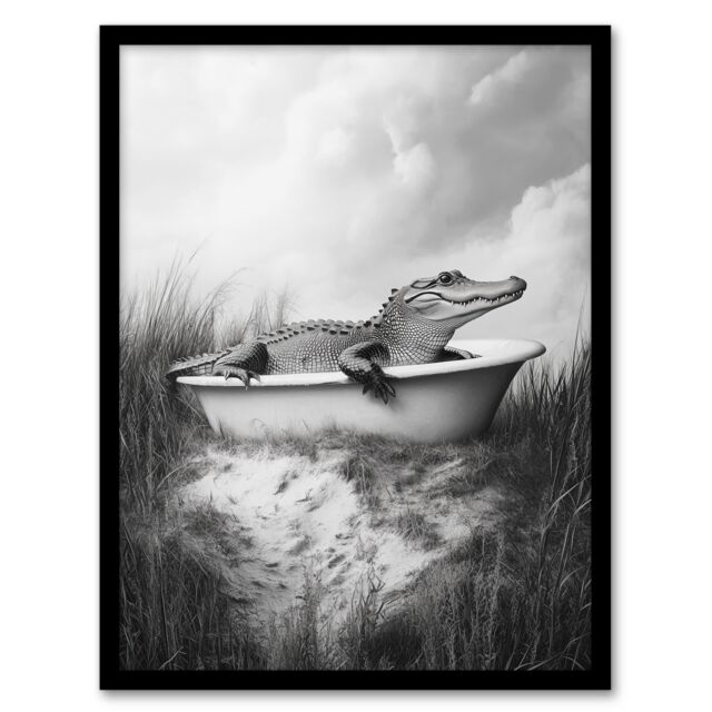 "Artery8 Cute Alligator in Bathtub Black White Fun Cheeky Framed Art Print in Grey - Size: W12"" x H16""" - image 1