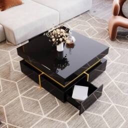 Merax 70cm Square High-Gloss Coffee Table with Two Drawers & Gold Accents in Black - thumbnail 5