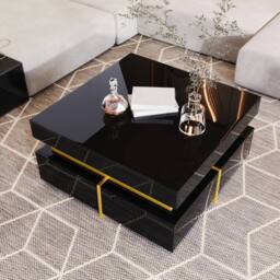 Merax 70cm Square High-Gloss Coffee Table with Two Drawers & Gold Accents in Black - thumbnail 3