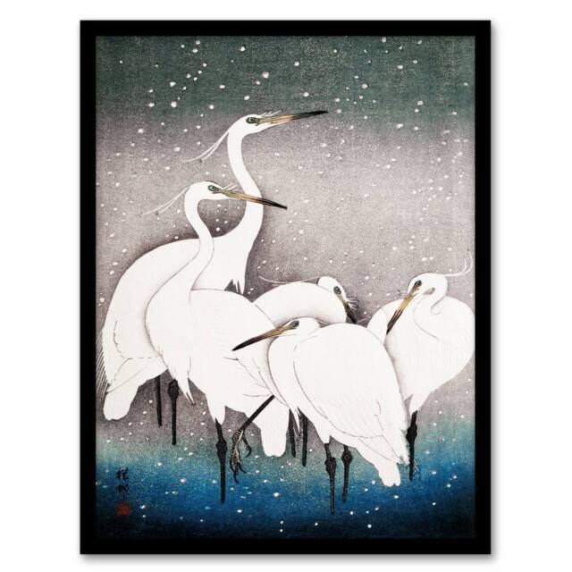 Artery8 Ohara Koson Framed Wall Art Print Group Of Egrets in Falling Snow in Blue - Size: A4 - image 1
