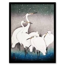 Artery8 Ohara Koson Framed Wall Art Print Group Of Egrets in Falling Snow in Blue - Size: A4 - thumbnail 1