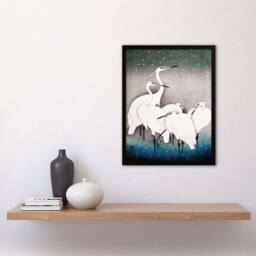 Artery8 Ohara Koson Framed Wall Art Print Group Of Egrets in Falling Snow in Blue - Size: A4 - thumbnail 2
