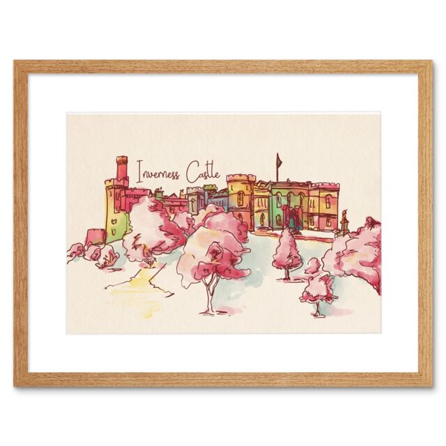 "Artery8 Wall Art Print Inverness Castle Highland Scotland Scottish Watercolour Framed Art in Beige - Size: W7"" x H9""" - image 1